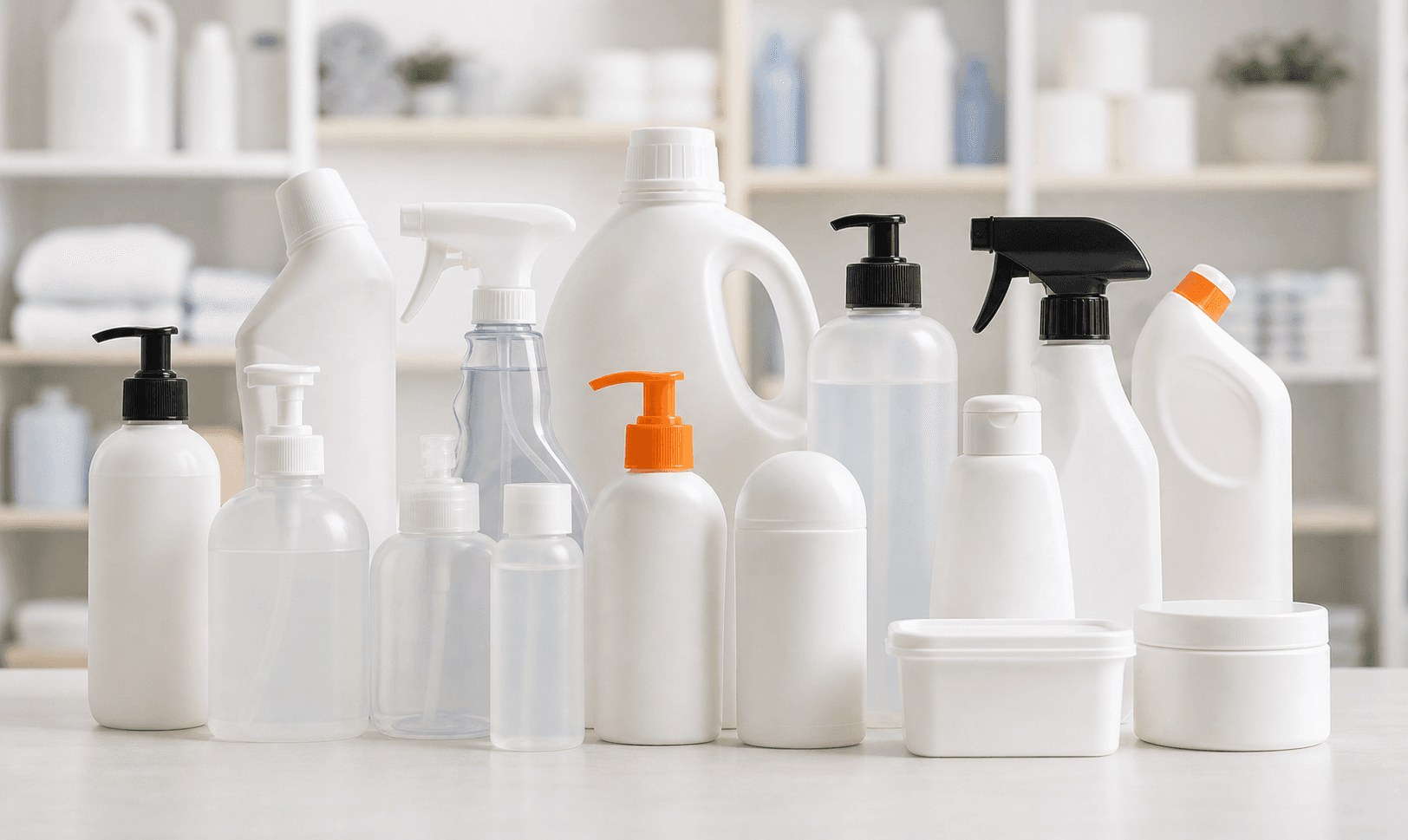 Household product bottles and pump dispensers