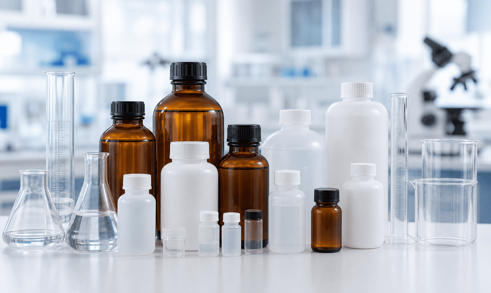 Laboratory reagent bottles and measuring units